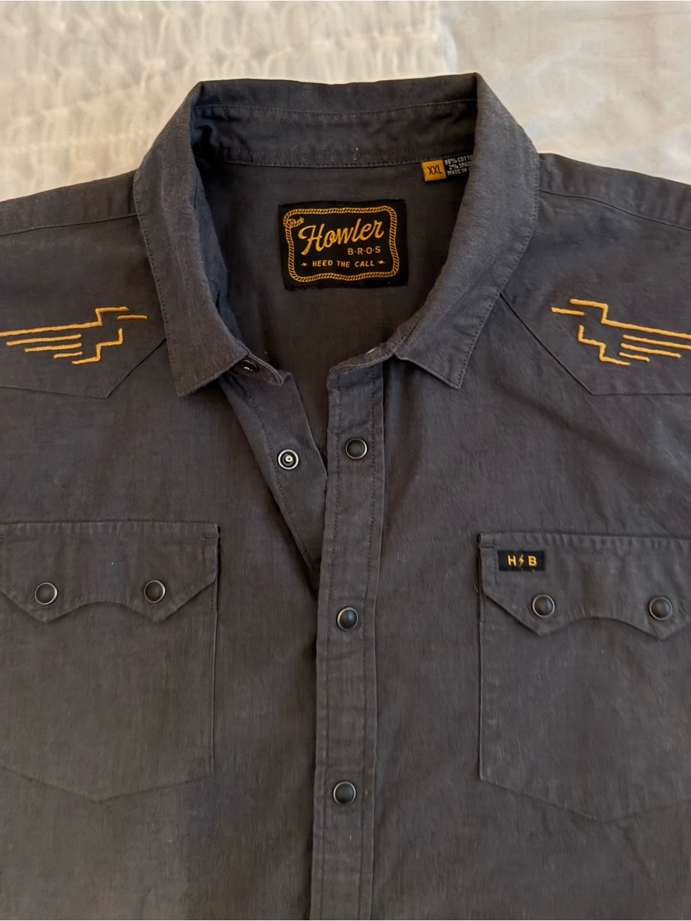 Howler Brothers Men’s Charcoal Button-Down Shirt with Gold Shoulder Embroidery - Picture 1 of 3